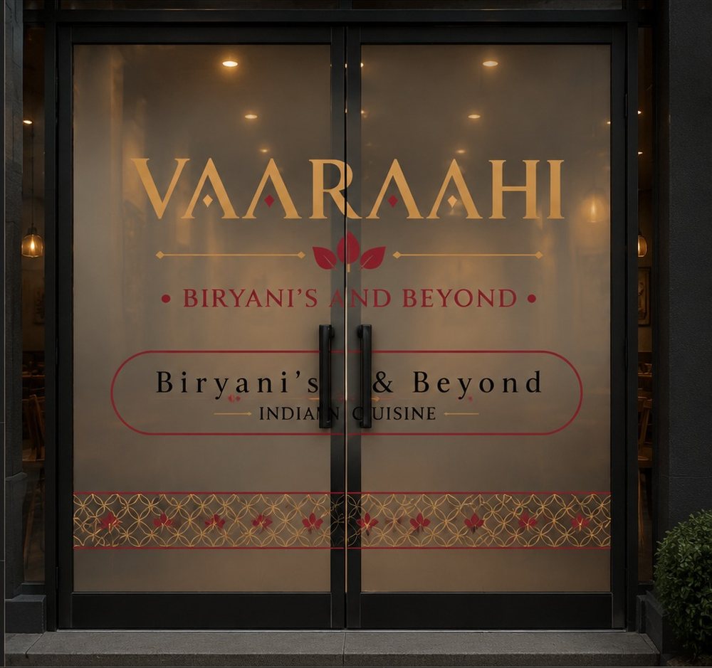 Vaaraahi frosted glass entrance doors with the gold wordmark and lotus mark