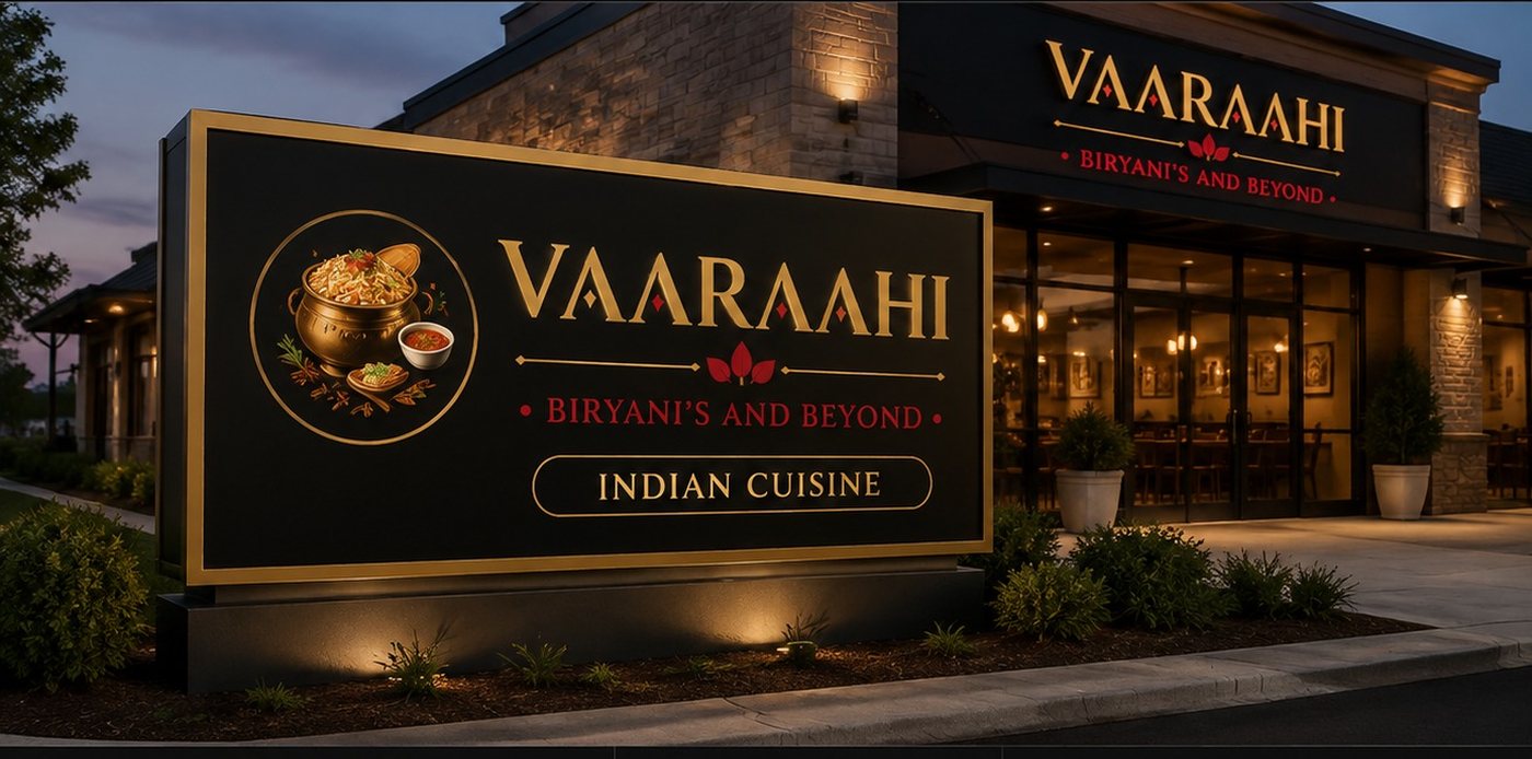 Vaaraahi restaurant at dusk, monument sign lit in gold beside the entrance