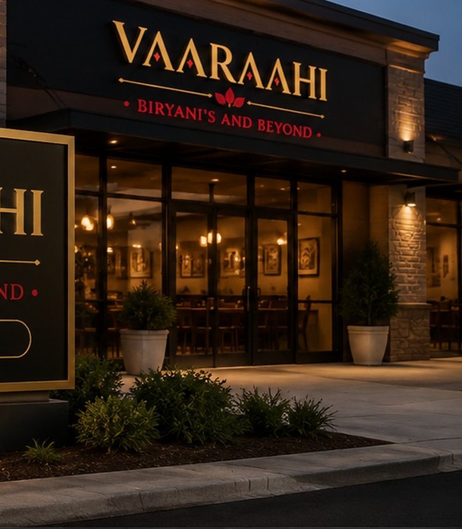 The Vaaraahi building at dusk with warm lighting and the illuminated sign above the entrance