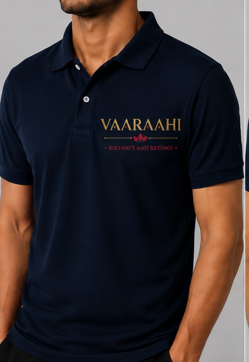 Vaaraahi team polo shirt in navy with the gold wordmark and Biryani's and Beyond line